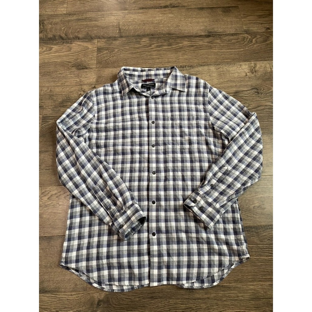 EUC Mens Banana Republic lightweight flannel grey‎ blue plaid button up size L